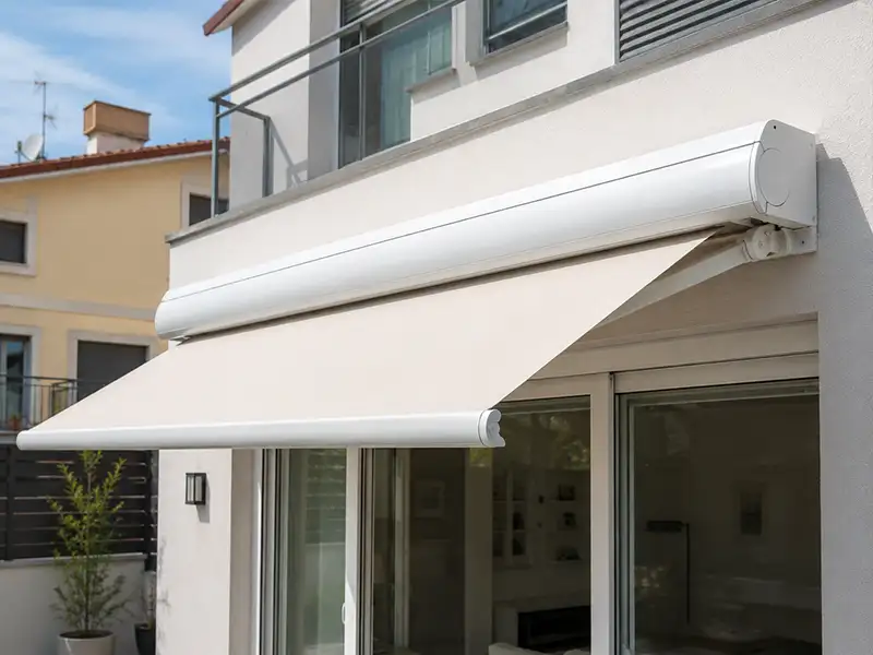 Toldo extensible con cofre de aluminio blanco y lona blanca instalado en una vivienda, proporcionando sombra y protección solar sobre una terraza.