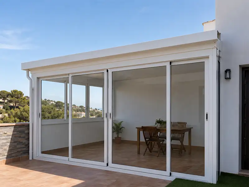 Cerramiento de terraza con estructura de aluminio blanco y puertas correderas de cristal instalado en una vivienda de Cerrado de Calderón, Málaga.