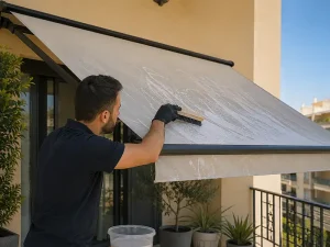 Técnico guiando cómo limpiar un toldo de brazos articulados con agua y jabón en una vivienda de Málaga.