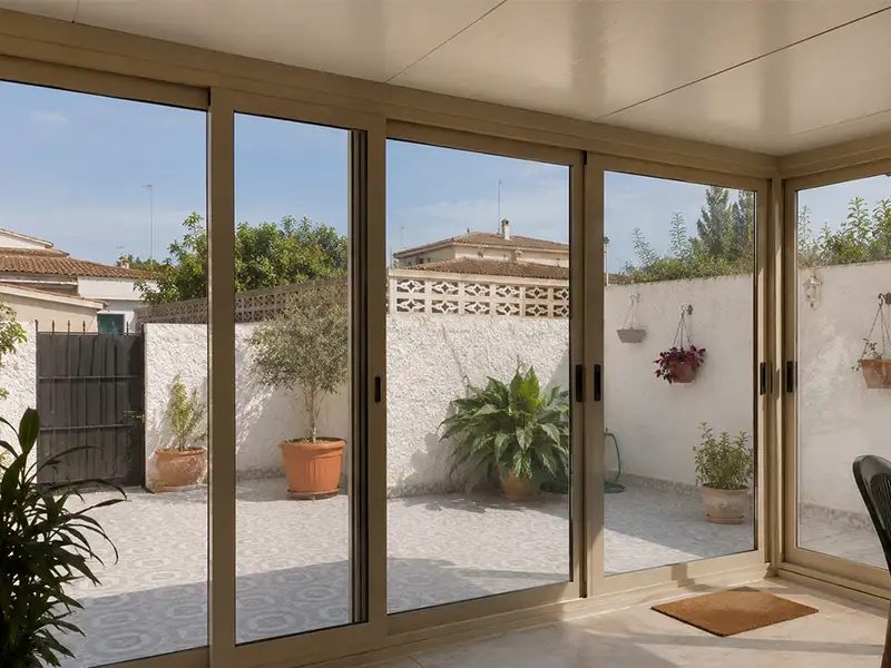 Vista interior de un cerramiento de terraza con puertas correderas de cristal en una vivienda de Vélez-Málaga, aportando luminosidad y protección.