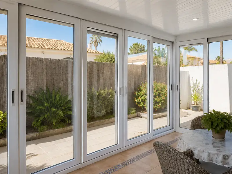 Vista interior de un cerramiento de PVC blanco con puertas correderas de cristal instalado en un jardín de una vivienda en La Herradura, Granada.