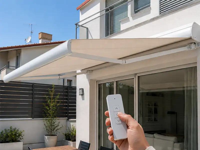 Toldo extensible motorizado con cofre de aluminio blanco y lona beige, controlado mediante mando a distancia para proteger una terraza del sol.
