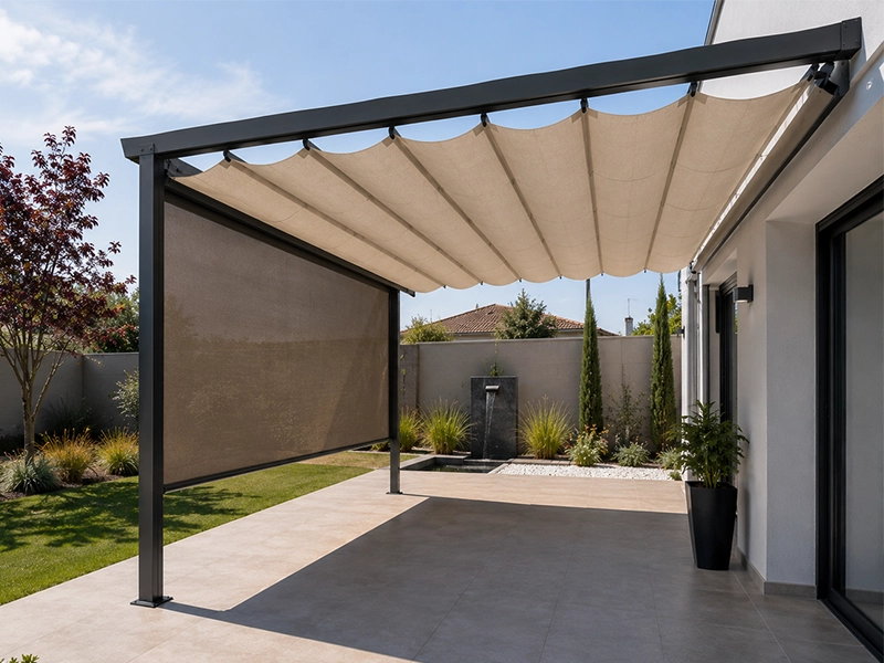 Pérgola con lonas de color arena estructura de palillería móvil y cortavientos n patio exteriopr de una vivienda en Málaga