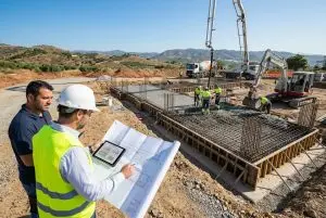 Técnicos revisando plano de obra para calcular el precio metro cuadrado hormigón Málaga