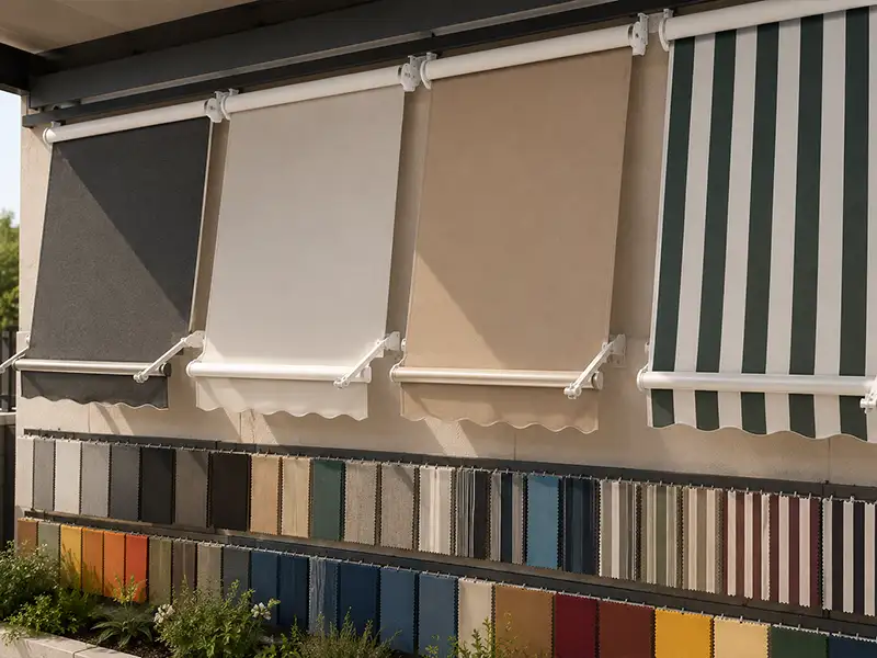 Muestrario de toldos Stor con diferentes colores y tejidos, incluyendo lonas lisas y a rayas para balcones, terrazas y ventanas.