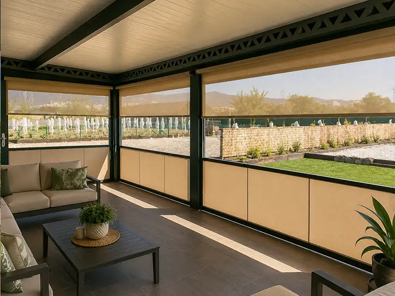 Toldo cortavientos con guías laterales instalado en un porche para proteger del viento, el sol y mejorar el confort exterior.