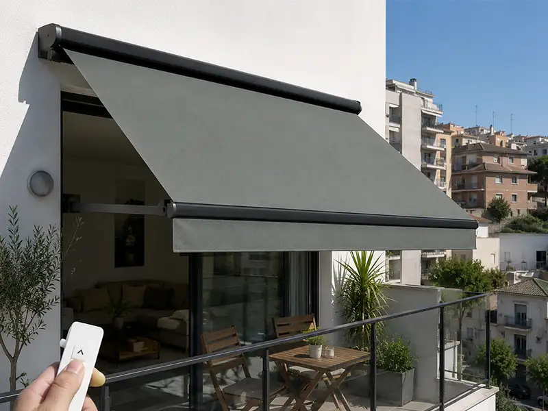 Toldo punto recto motorizado en Málaga con lona gris y mando a distancia instalado en un balcón para proteger del sol.
