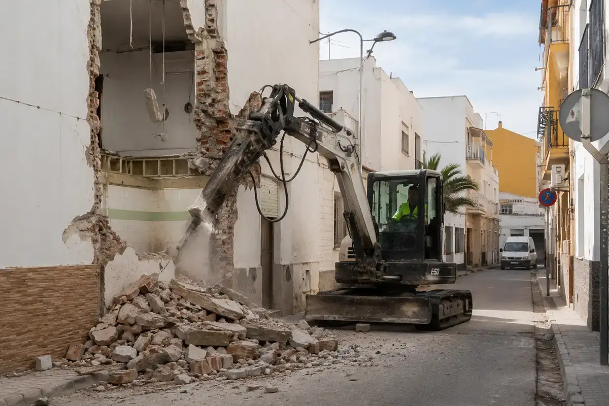 Mini excavadora con martillo hidráulico realizando la demolición de un muro de ladrillo y hormigón en una calle estrecha de Málaga.