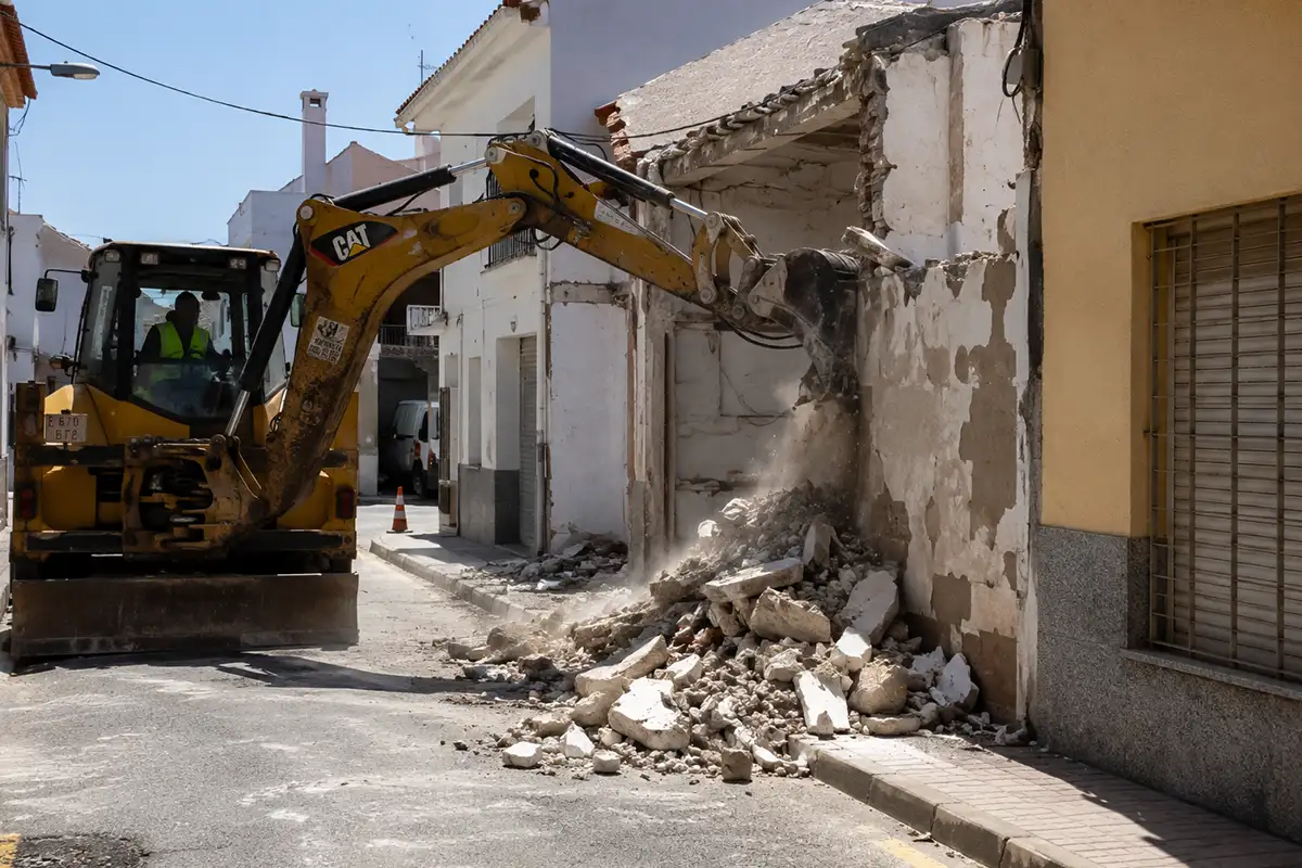 Mini excavadora derribando de forma controlada una estructuras de hormigón en una calle de Málaga.