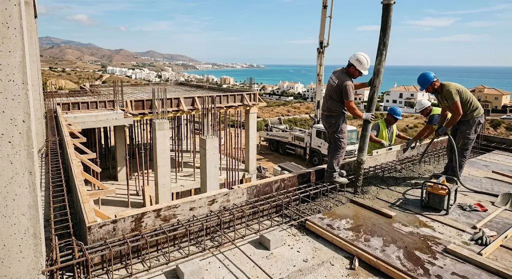 Licencia de obra Málaga para estructura de hormigón armado vertida con bomba de hormigón junto al mar