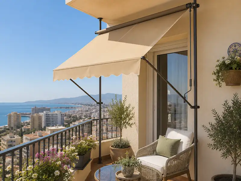 Toldo de brazos articulados con patas telescópicas instalado en la terraza exterior de un establecimiento de hostelería en Málaga.