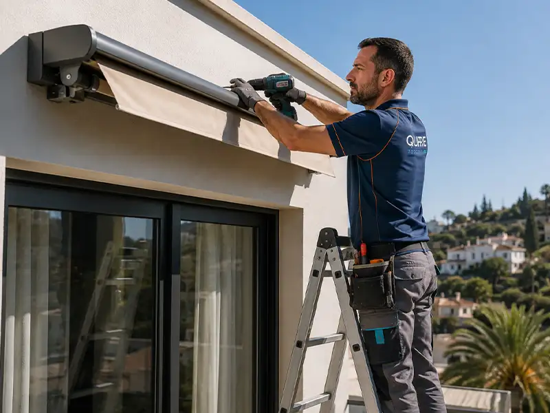 instalación de toldo articulado mediante un montador de la empresa de toldos y pérgolas Qubre en Málaga
