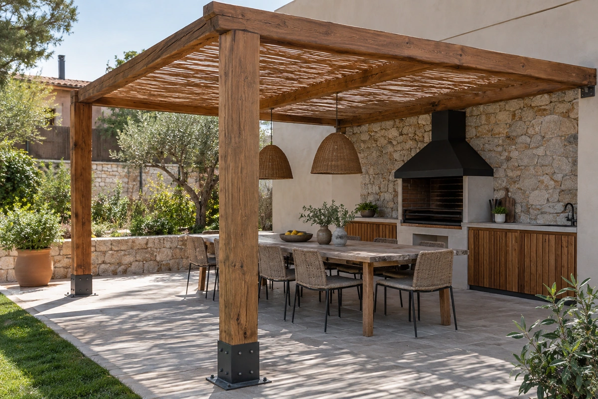 Pérgola de madera sobre la zona de barbacoa de una casa de campo