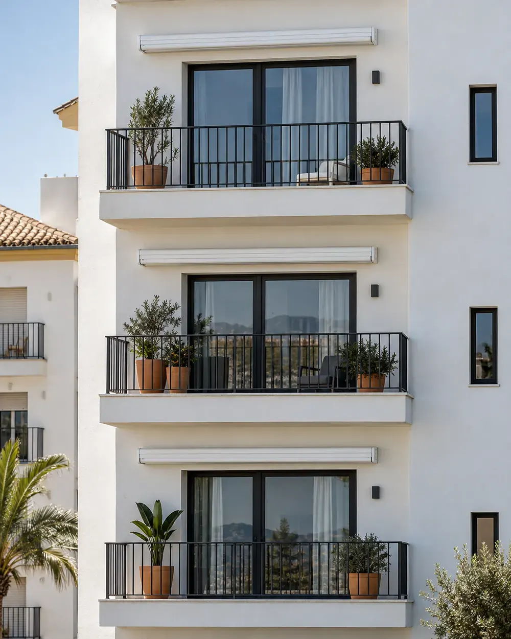 Toldos iguales en una comunidad Balcones de una comunidad de vecinos con el mismo modelo de toldo recogido en cofre