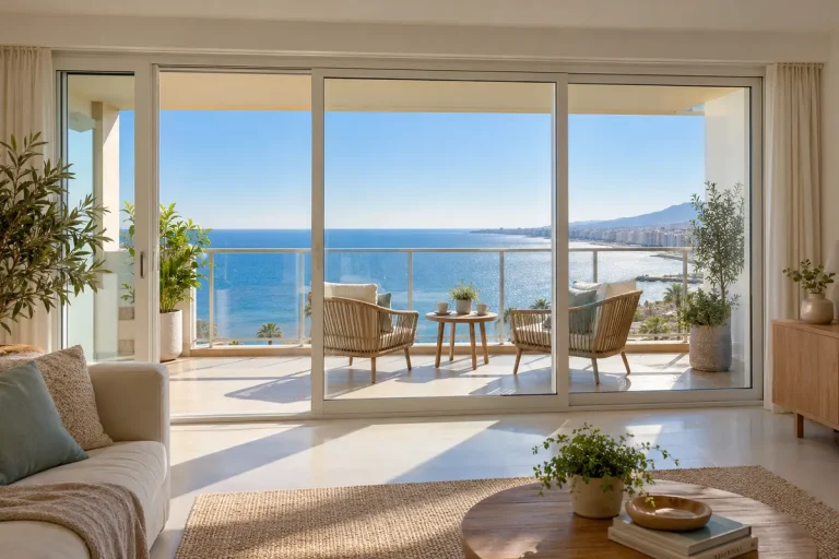 Terrace enclosure with white aluminium and glass sliding panels in a flat with sea views in Malaga