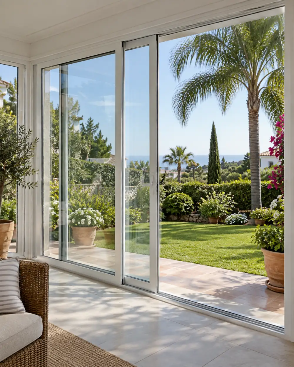 Cerramiento con vistas al jardín Vista interior de un cerramiento con puertas correderas de aluminio y cristal hacia el jardín