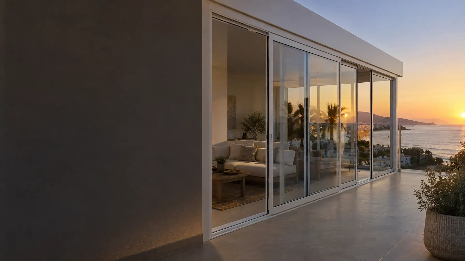 Cerramientos de terrazas en Málaga Cerramientos de terrazas en Málaga: terraza cerrada con aluminio y cristal frente al mar al atardecer