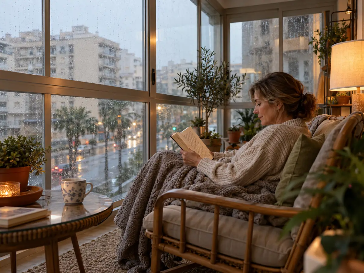 Terraza cerrada con aluminio y cristal usada como zona de estar en un día de lluvia en Málaga