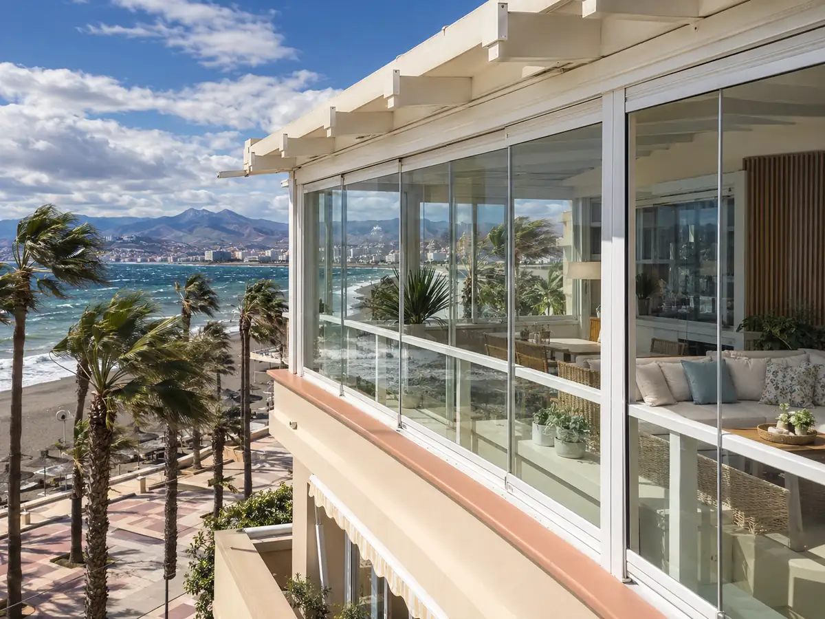 Cerramiento de terraza en un ático de primera línea de Torre del Mar en un día de levante