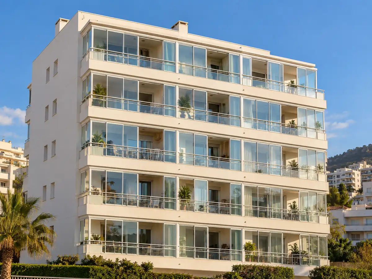 Fachada de una comunidad de vecinos con el mismo cerramiento de terraza en todos los pisos
