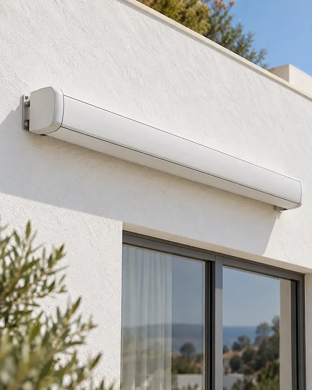 Cofre de toldo cerrado Toldo cofre recogido con la caja de aluminio blanco cerrada sobre la fachada de una vivienda en Málaga