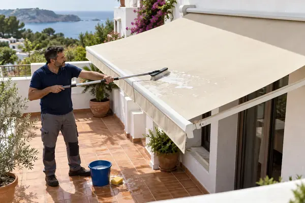 Cómo limpiar un toldo Cómo limpiar un toldo: técnico limpiando la lona con un cepillo de mango largo y agua jabonosa