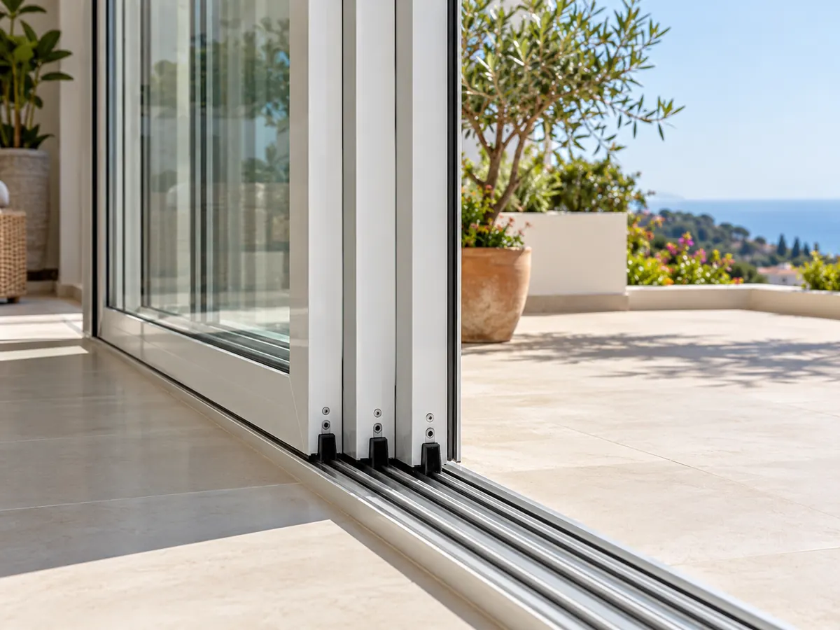 Correderas de aluminio y cristal de un cerramiento de terraza con las hojas apiladas en sus guías
