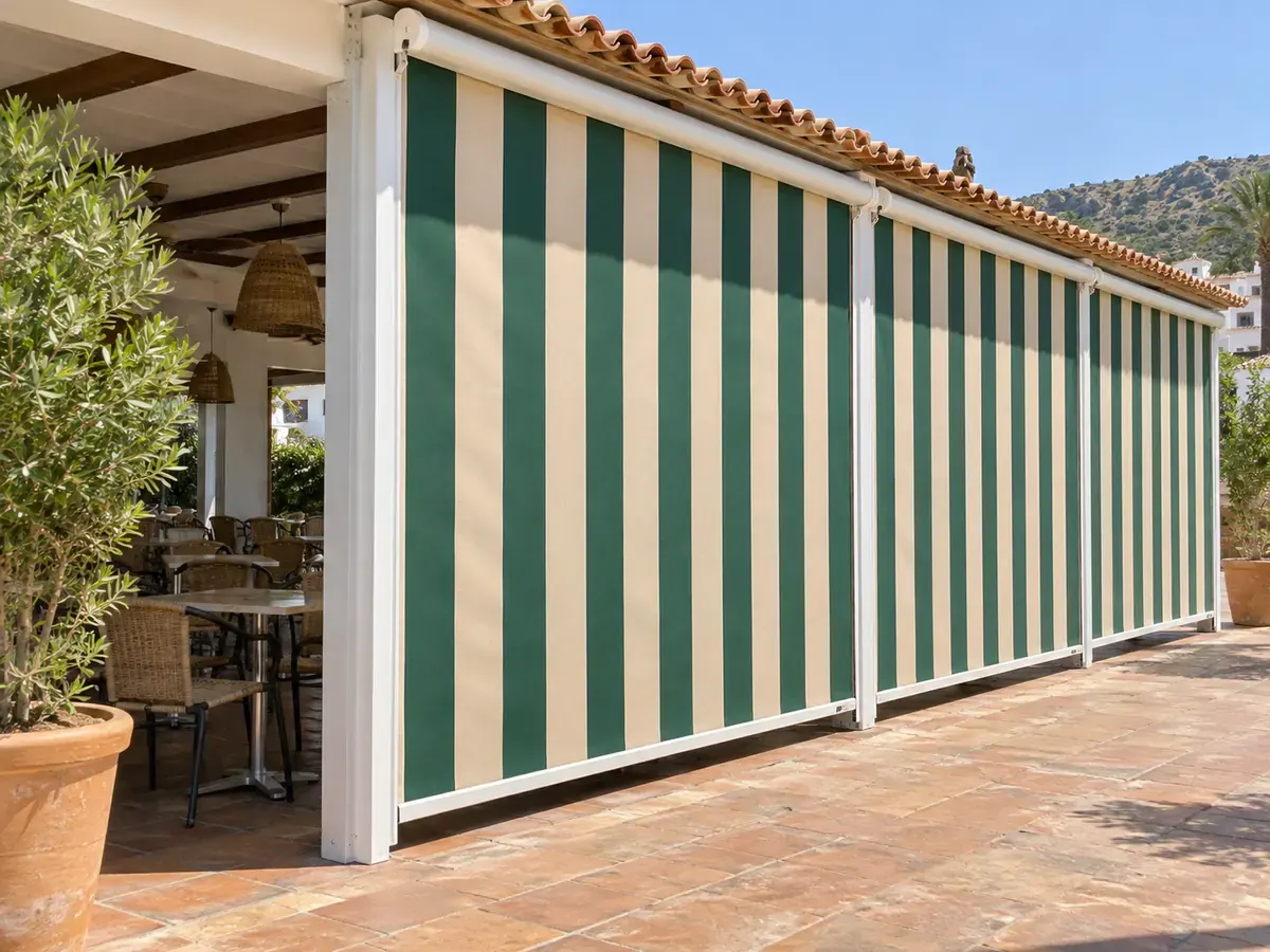 Cortavientos para bares Cortavientos con lona de rayas verdes y crema y guías laterales en la terraza de un bar