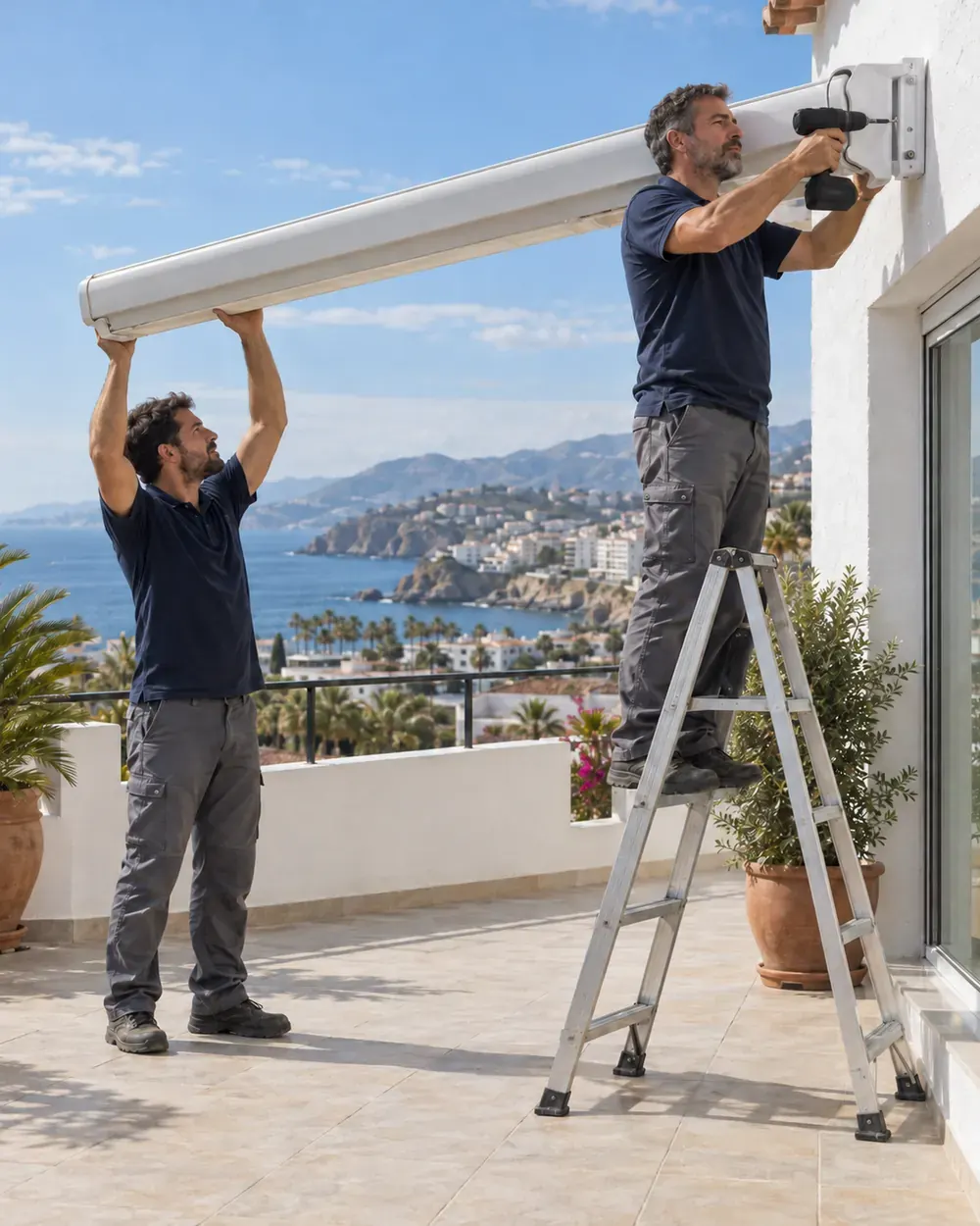 Instalación de toldos en Almuñécar Instaladores montando un toldo en la terraza de una vivienda de Almuñécar con vistas al mar