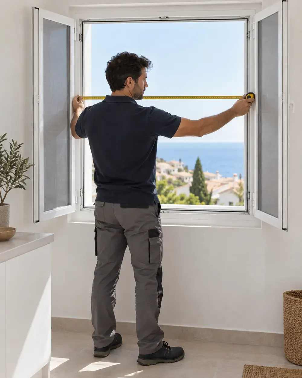 Medición de mosquiteras a medida Técnico midiendo el hueco de una ventana para fabricar una mosquitera a medida
