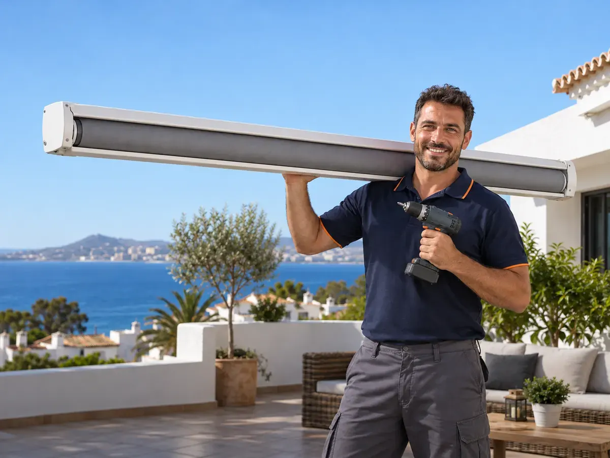 Montador de toldos en Málaga Montador de toldos del equipo propio de Qubre con un toldo cofre al hombro en una terraza de Málaga