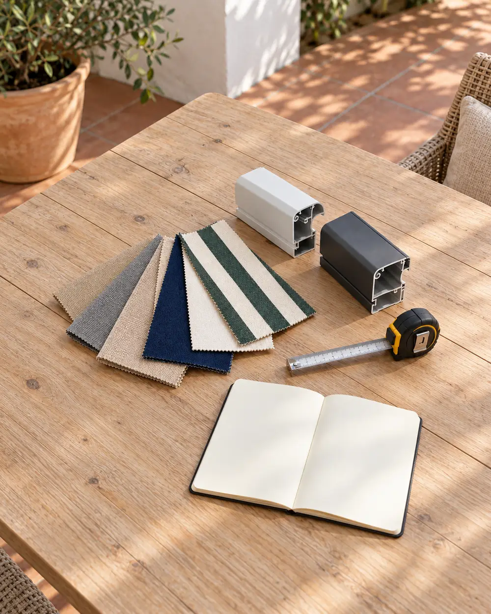 Muestrario de lonas y perfiles de aluminio para toldos Muestrario de lonas acrílicas lisas y de rayas y perfiles de aluminio lacado blanco y antracita para elegir un toldo a medida