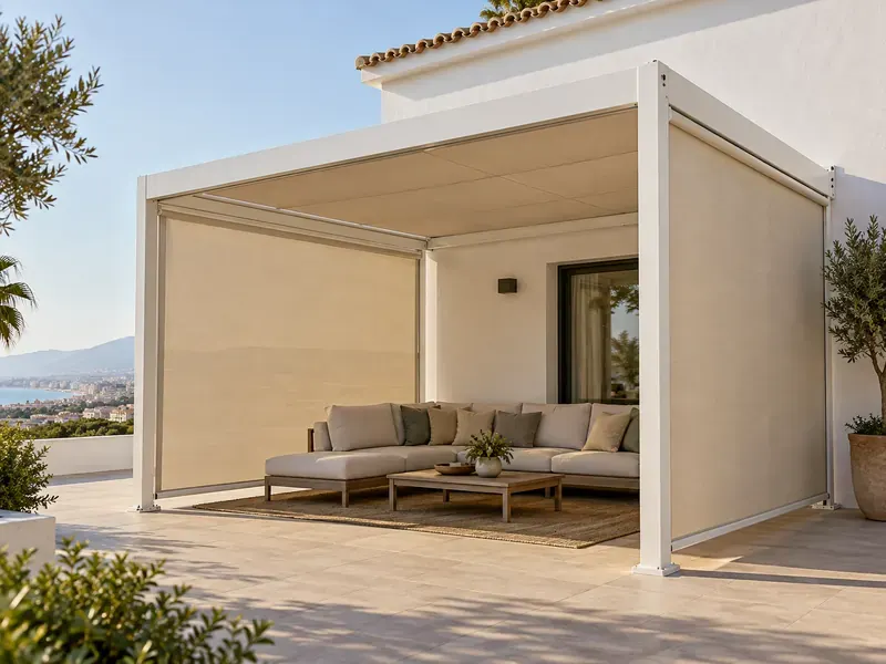 Pérgola adosada con toldos laterales Pérgola adosada con toldos verticales laterales bajados sobre una zona de sofás