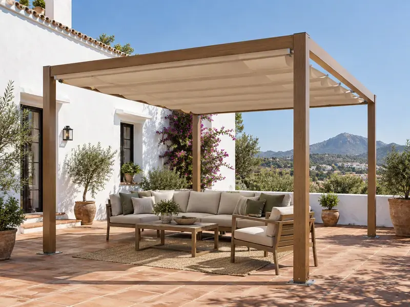 Pérgola de aluminio imitación madera Pérgola de aluminio con acabado imitación madera y lona sobre una terraza