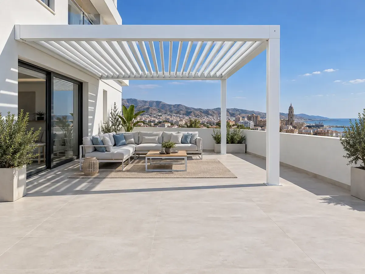 Pérgola bioclimática en ático Pérgola bioclimática de lamas orientables adosada a la fachada de un ático