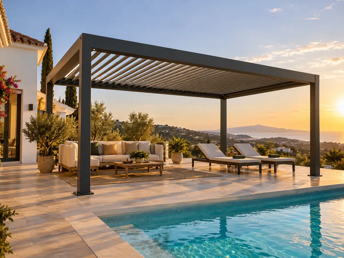 Freestanding bioclimatic pergola next to the pool of a villa in the Axarquía