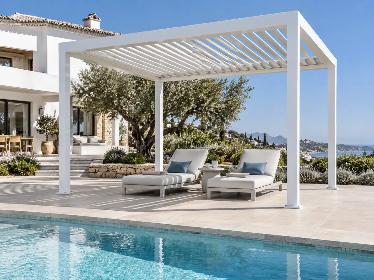 Pérgola bioclimática junto a piscina Pérgola bioclimática autoportante junto a la piscina de un chalet