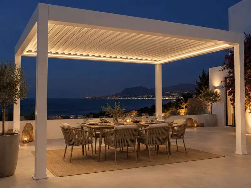 Pérgola bioclimática con LED Pérgola bioclimática con iluminación LED integrada encendida de noche
