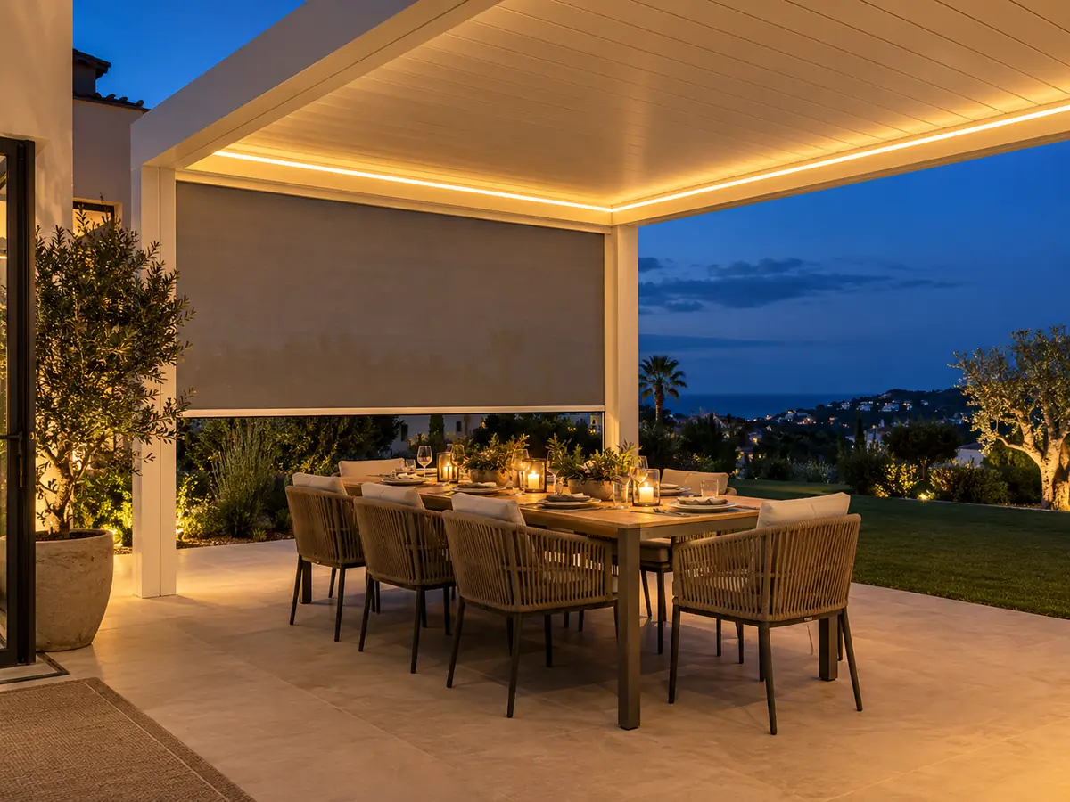 Bioclimatic pergola with built-in LED lighting and a side zip screen at night on the Costa del Sol