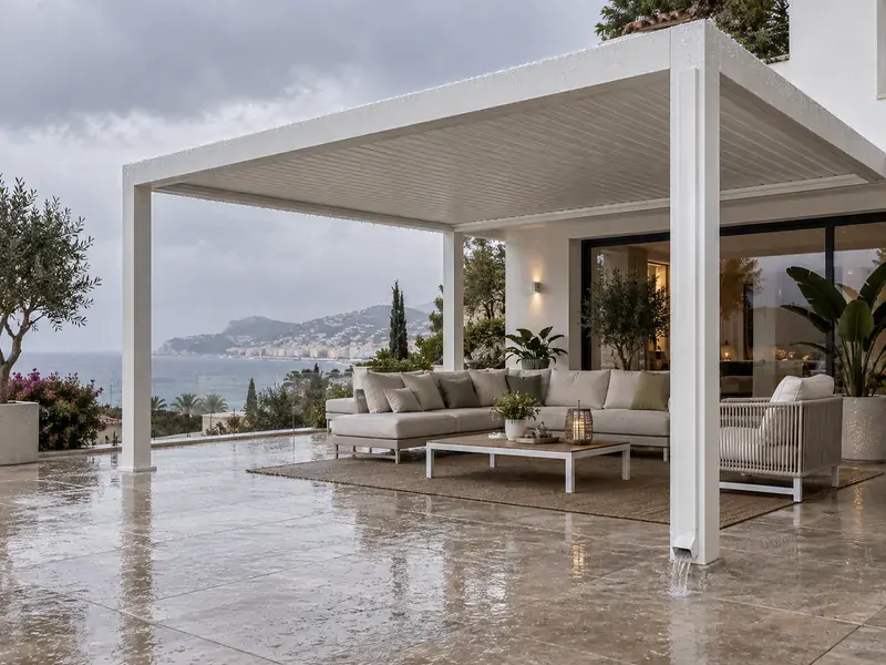 Pérgola bioclimática con lluvia Pérgola bioclimática con las lamas cerradas durante un día de lluvia
