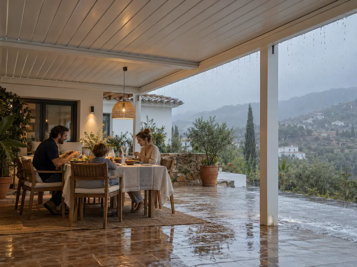 Family having lunch under a bioclimatic pergola with closed louvres on a rainy day