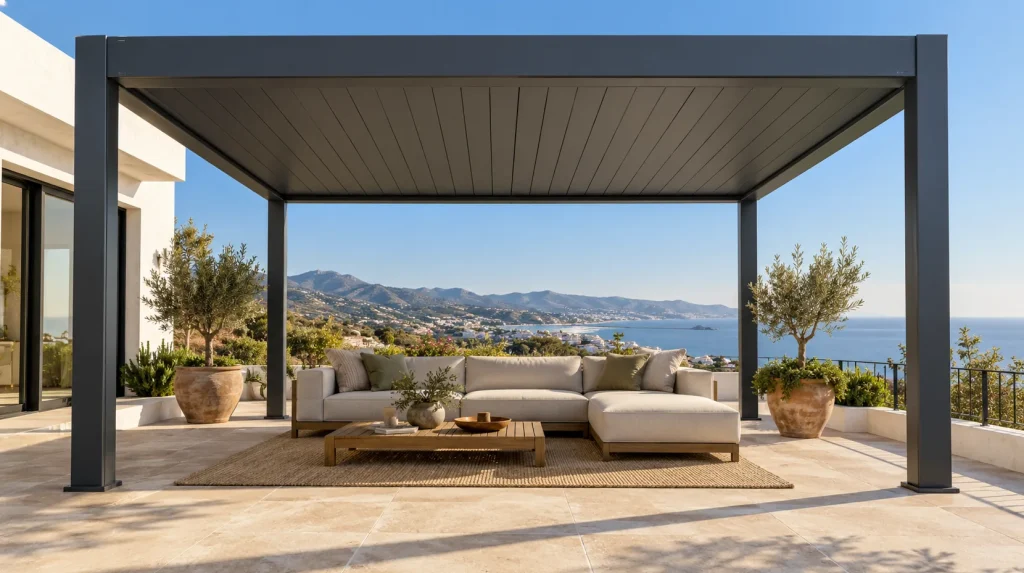 Pérgola bioclimática con las lamas cerradas en una terraza con vistas al mar en Málaga