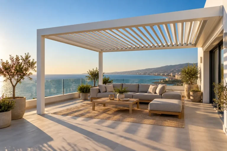 Bioclimatic pergola with half-open louvres on a penthouse terrace with sea views in Malaga