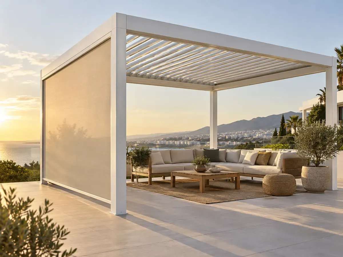 Pérgola bioclimática con zip screen Pérgola bioclimática blanca con zip screen lateral bajado en una terraza al atardecer