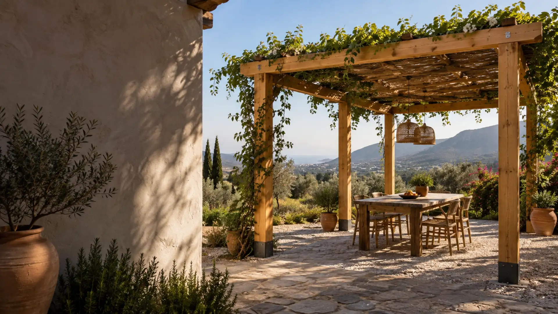 Pérgolas de madera en Málaga Pérgola de madera en Málaga: pérgola de madera tratada con trepadora sobre el comedor de un cortijo de la Axarquía entre olivos
