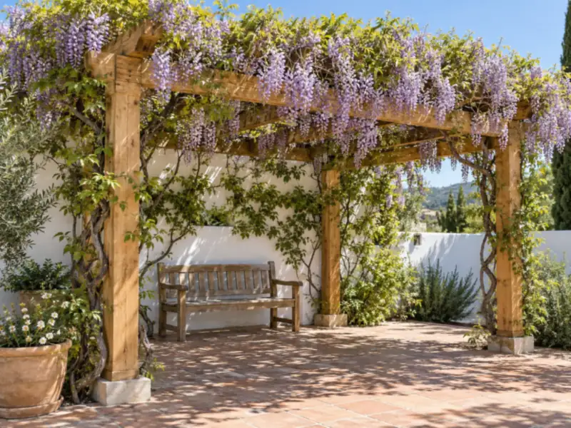 Pérgola de madera con trepadora Pérgola de madera cubierta de glicinia dando sombra natural a un banco de jardín