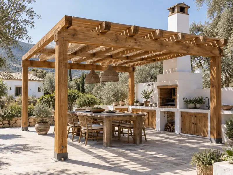 Pérgola de madera en zona de barbacoa Pérgola de madera sobre la zona de barbacoa y comedor exterior de un jardín