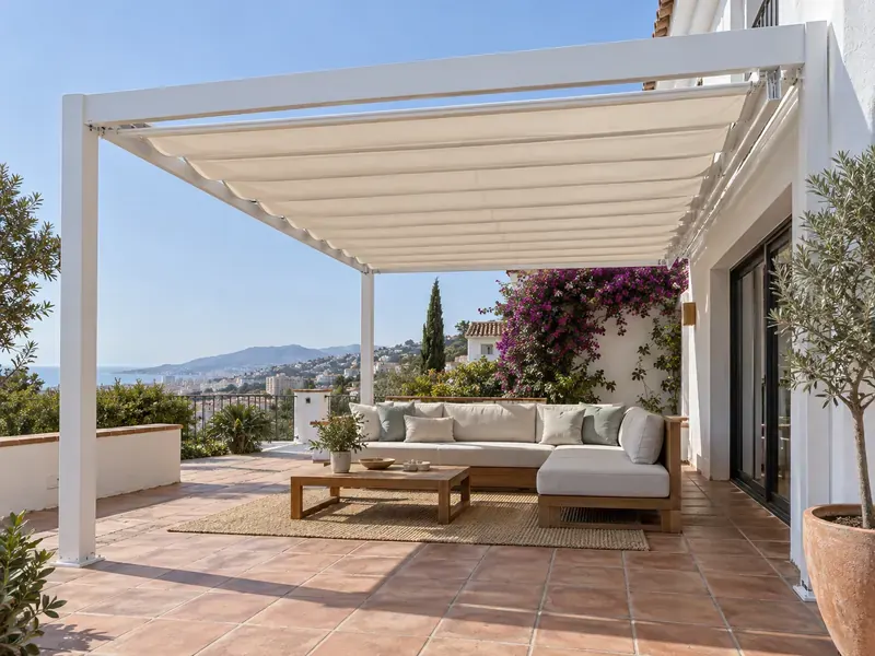 Pérgola con palillería en chalet Pérgola de aluminio con palillería sobre la zona de sofás de la terraza de un chalet