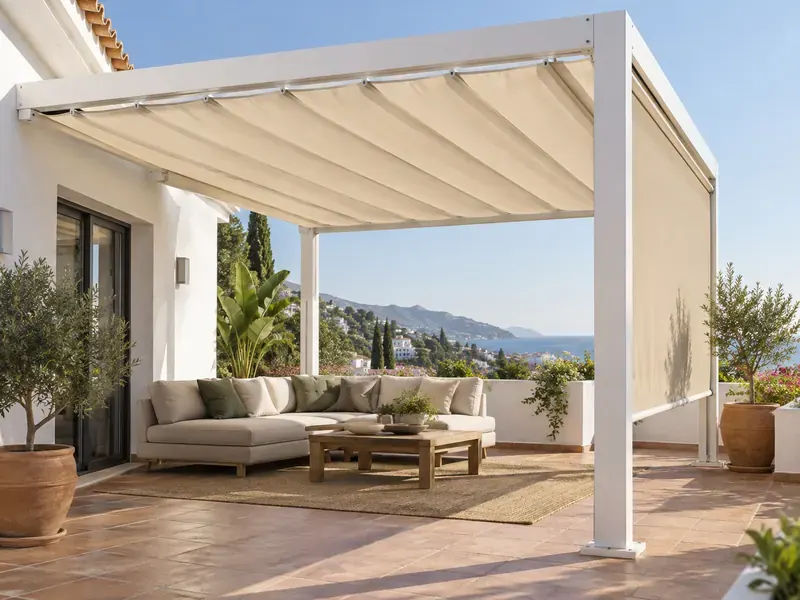 Pérgola con palillería y protección lateral Pérgola con palillería y protección lateral de lona a medida sobre una zona de sofás