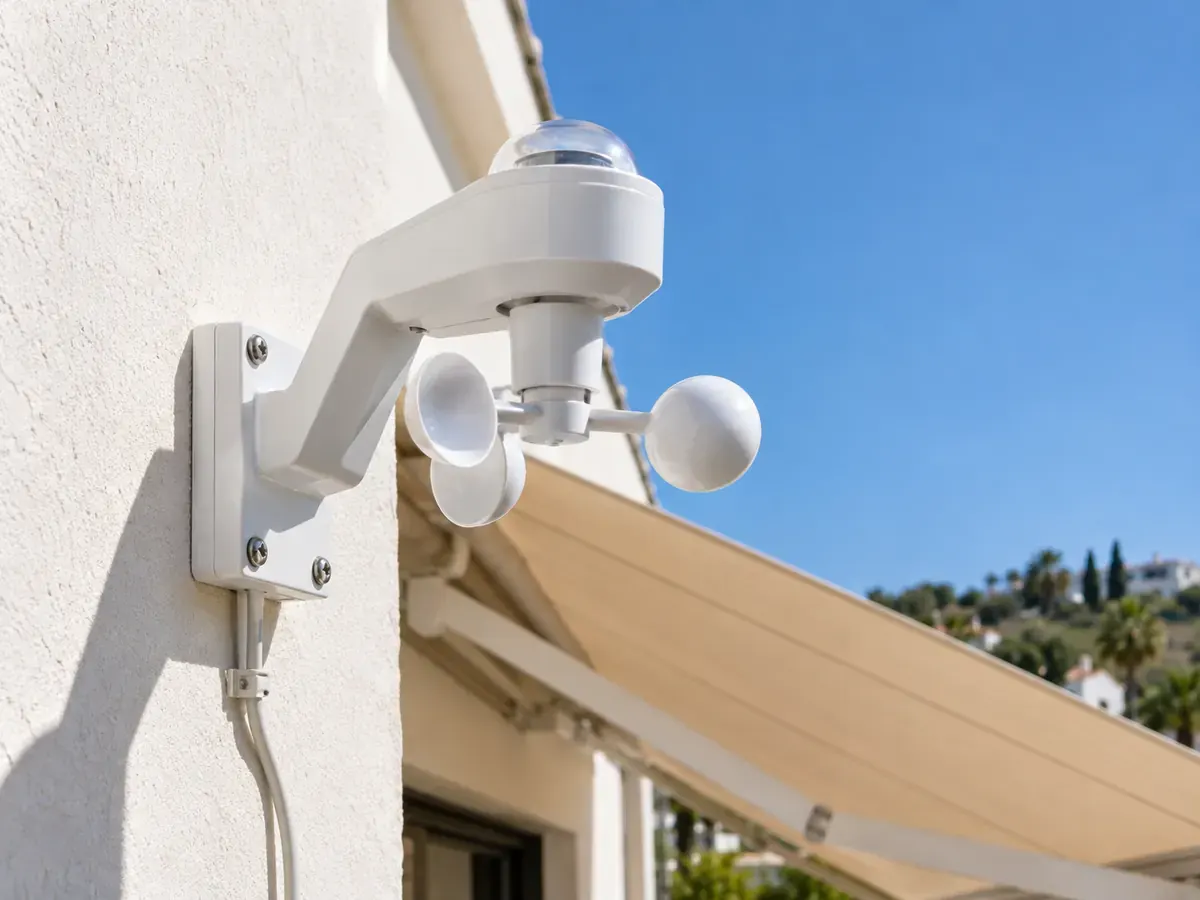 Sensor de viento y sol para motor para toldo instalado en la fachada junto a un toldo motorizado